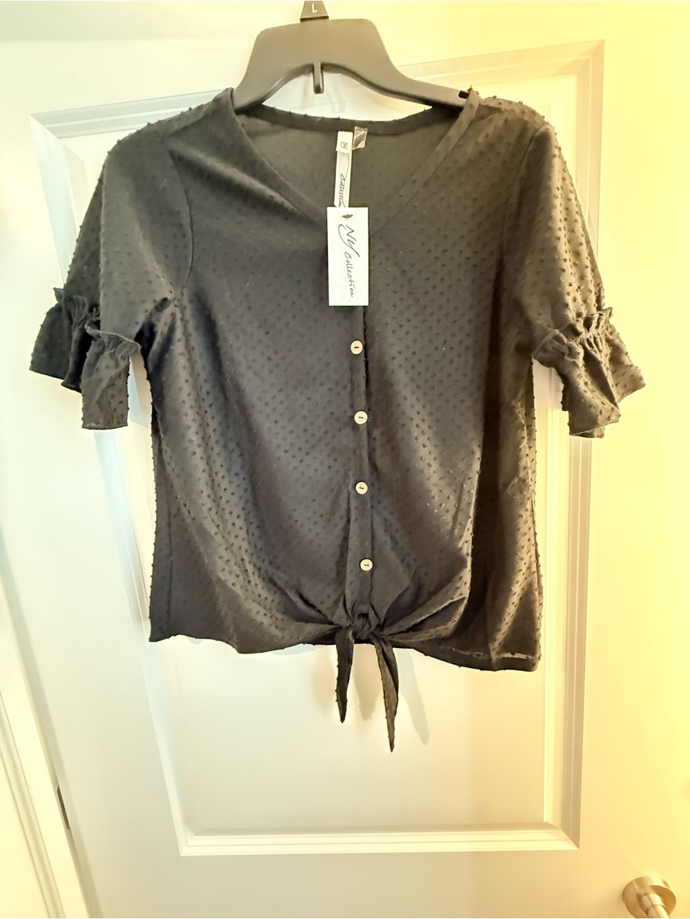 Madison Black Tie-Front Dot Texture Blouse